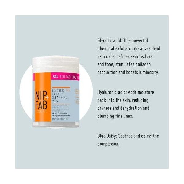 Nip+Fab Glycolic Fix Coussinets Nettoyants Quotidiens Pour Le Visage À LAcide Hyaluronique | À LHamamélis | Exfoliants | Re G...