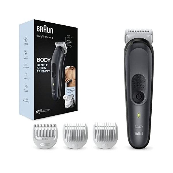 Braun Body Groomer 3, Outil de Manscaping pour homme avec technologie SkinShield, peigne sensible, humide et sec, 100% étanch