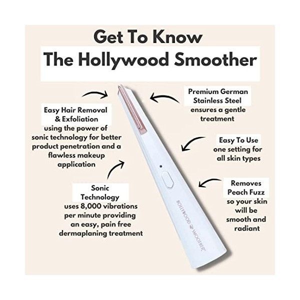 Hollywood Smoother - Dispositif innovant de dermaplaning sonique - Élimine sans douleur les poils indésirables, les poils du 