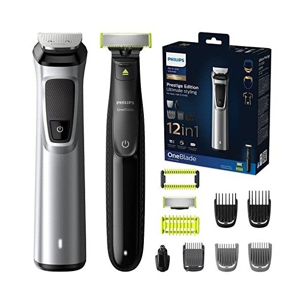 Philips Multigroom Série 9000, Tondeuse Multi-styles 12-en-1 avec OneBlade pour Visage, Cheveux et Corps avec Technologie Dua