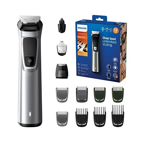 Philips Multigroom Série 9000, Tondeuse Multi-styles 12-en-1 avec OneBlade pour Visage, Cheveux et Corps avec Technologie Dua