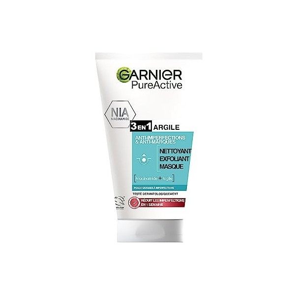 Garnier Pure Active - Nettoyant Visage 3-en-1 - Exfoliant & Masque Purifiant & Anti-Imperfections - Enrichi en Argile Blanche...