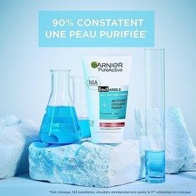 Garnier Pure Active - Nettoyant Visage 3-en-1 - Exfoliant & Masque Purifiant & Anti-Imperfections - Enrichi en Argile Blanche