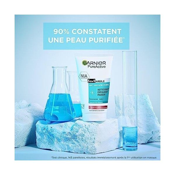 Garnier Pure Active - Nettoyant Visage 3-en-1 - Exfoliant & Masque Purifiant & Anti-Imperfections - Enrichi en Argile Blanche...