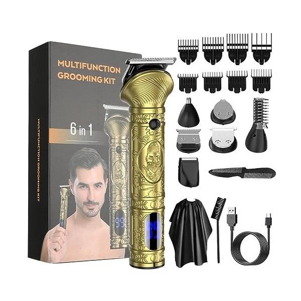 Tondeuse à cheveux pour homme, kit de toilettage électrique professionnel 6 en 1 avec écran LCD, rechargeable par USB, tondeu