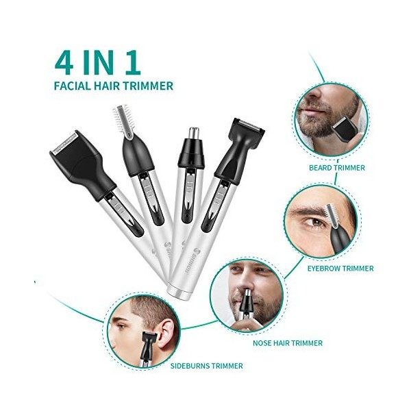 Tondeuse Nez Oreilles, Tondeuse Barbe, Tondeuse Sourcils, 4 en 1 Poils du Visage Rasoir Electrique Hommes, USB Rechargeable I