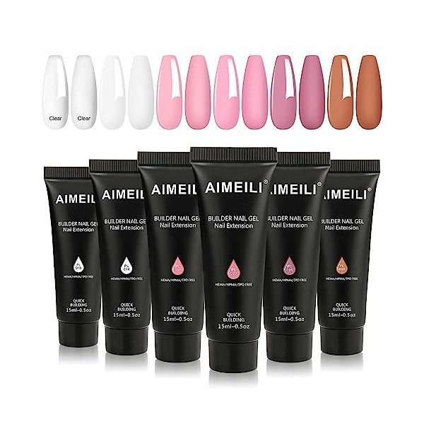 AIMEILI Extention Gel Kit pour Ongles, 6 Couleurs 15ml Ambre Rose Rouge Brun Builder Construction Gel, Faux Ongles Quick Buil