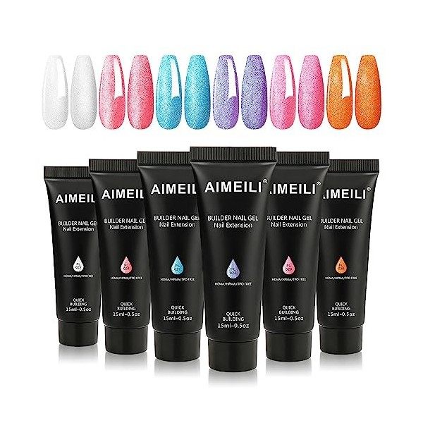 AIMEILI Extention Gel Kit pour Ongles, 6 Couleurs 15ml Ambre Rose Rouge Brun Builder Construction Gel, Faux Ongles Quick Buil...