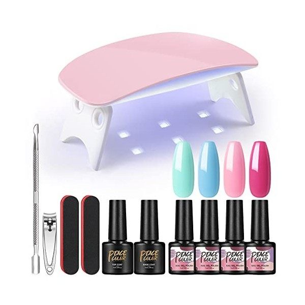 PEACECOLOR Kit de vernis à ongles gel 4 couleurs 7 ml avec lampe LED 6 W pour ongles DIY