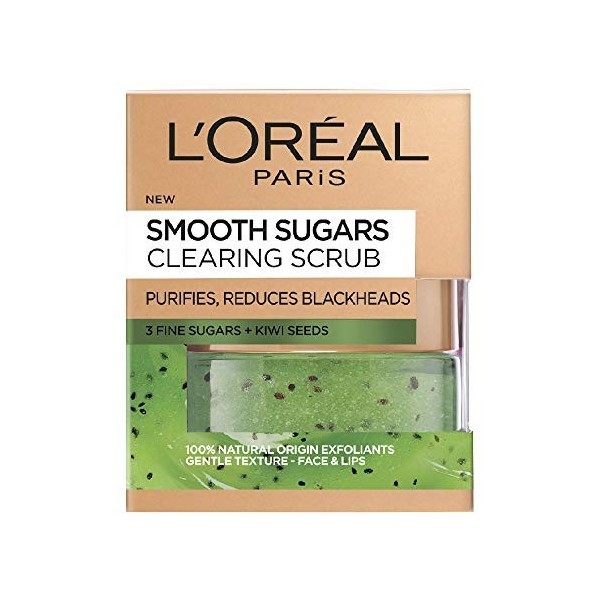 LOréal Paris Soin de la peau pur Sucre Gommage Visage avec de vrais Kiwi Graines, pour déboucher les pores,, Réducteur de Po