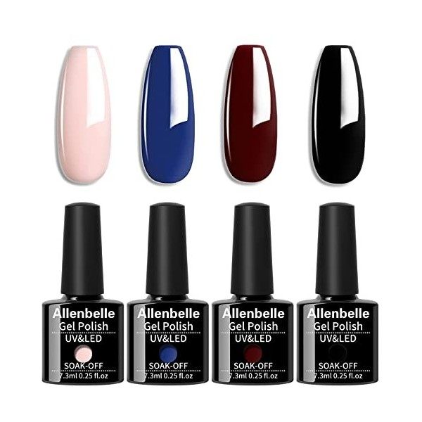 Allenbelle Vernis Semi Permanent Vernis à ongle UV LED Gel Nail Polish Varnish Nail Art Soak Off Manucure 7.3ml/pc Lot de 4 