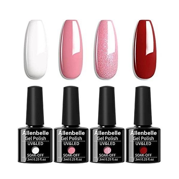 Allenbelle Vernis Semi Permanent Vernis à ongle UV LED Gel Nail Polish Varnish Nail Art Soak Off Manucure 7.3ml/pc Lot de 4 