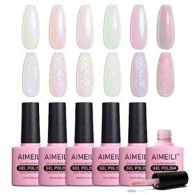 AIMEILI Vernis Semi Permanent Brillant Perle Gel, Nacré avec Fil Shell Glitter Vernis à Ongles Gel UV LED Soak Off 6 Couleurs