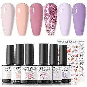 RSTYLE Vernis Semi Permanent Pastel, 6 Couleurs Vernis à Ongles Mauve Rose Pailleté Vernis Gel UV LED Nail Polish Kit Gel Ong