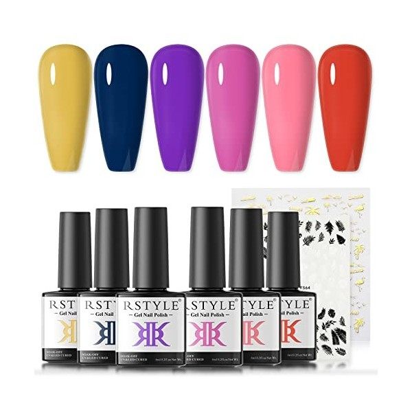 RSTYLE Vernis Semi Permanent Pastel, 6 Couleurs Vernis à Ongles Mauve Rose Pailleté Vernis Gel UV LED Nail Polish Kit Gel Ong