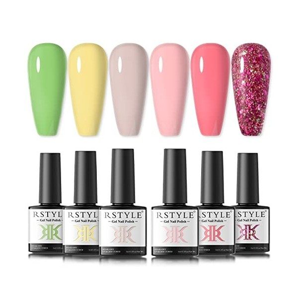 RSTYLE Vernis Semi Permanent Pastel, 6 Couleurs Vernis à Ongles Mauve Rose Pailleté Vernis Gel UV LED Nail Polish Kit Gel Ong