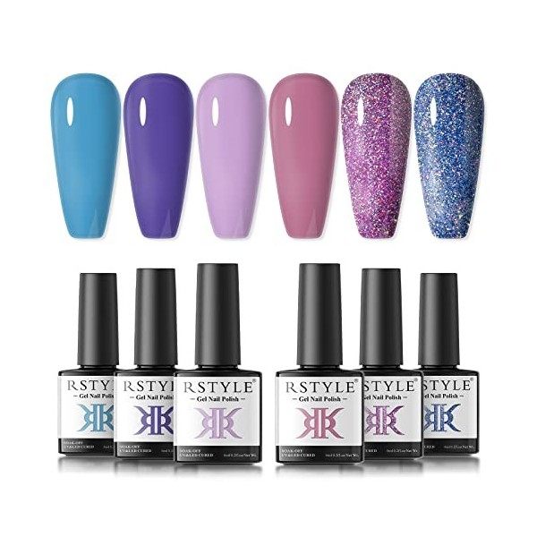 RSTYLE Vernis Semi Permanent Pastel, 6 Couleurs Vernis à Ongles Mauve Rose Pailleté Vernis Gel UV LED Nail Polish Kit Gel Ong