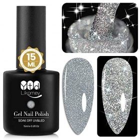 YTD Likomey Vernis Semi Permanent Pailleté Reflechissante,15ml Argent UV Vernis à Ongles Paillettes Réfléchissant Brillant Na