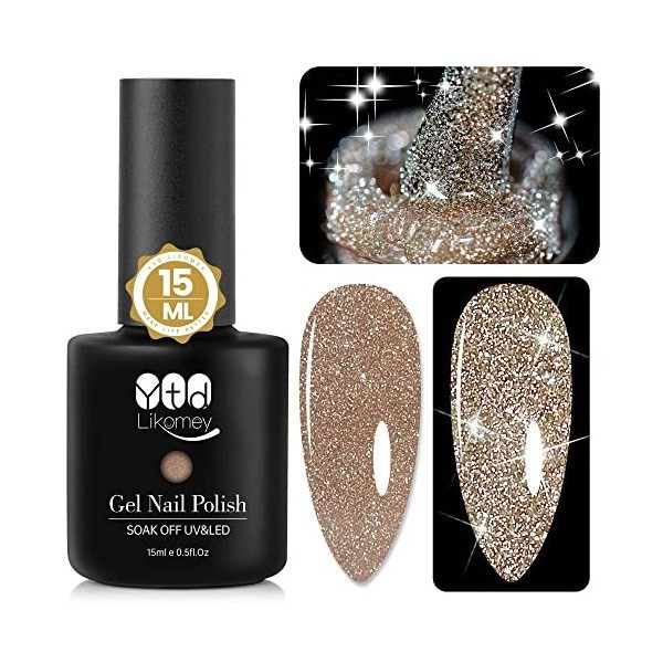 YTD Likomey Vernis Semi Permanent Pailleté Reflechissante,15ml Argent UV Vernis à Ongles Paillettes Réfléchissant Brillant Na