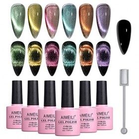 AIMEILI 6 Couleurs 10ml Vernis Gel Semi Permanent Magnétique Holographique 9D Cat Eye, Lot Vernis à Ongles Gels Caméléon Oeil