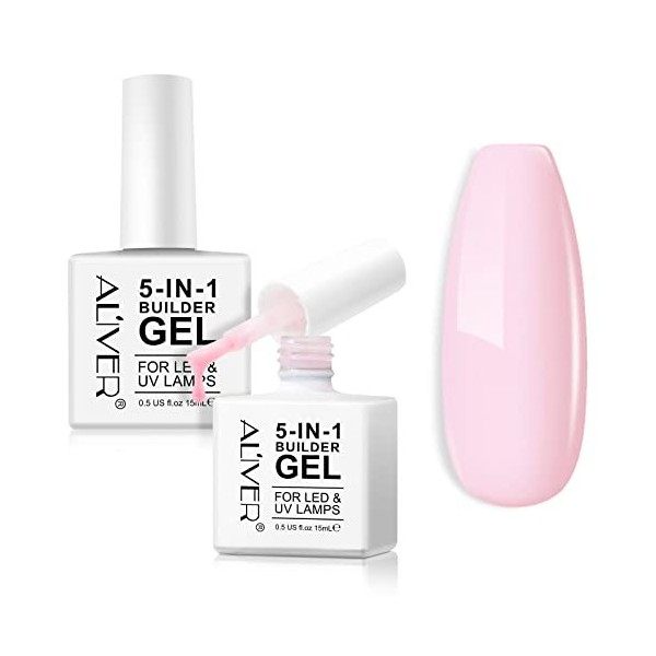 5 in 1 Builder Base Strengthening Gel - 15ml x 2Pack Light Pink Builder Nail Gels, UV/LED Nail Polish Gel for Broken Nails Re