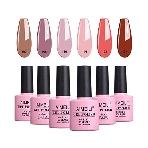 AIMEILI Vernis Semi Permanent Set 6pcs X 10ml Rose Pastel Brun Nude Naturel, Lot Vernis à Ongles Gel Soak Off UV LED Manucure