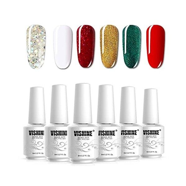 [Noël collection ] Vishine Lot de 6 Vernis à Ongles Gel Semi Permanent Blanc Rouge Vert Noir Paillettes Argent Soak Off UV LE