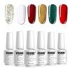 [Noël collection ] Vishine Lot de 6 Vernis à Ongles Gel Semi Permanent Blanc Rouge Vert Noir Paillettes Argent Soak Off UV LE