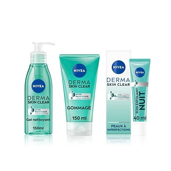 Routine Anti-Imperfection NIVEA Derma Skin Clear: Gel nettoyant, Gommage, Soin exfoliant quotidien nuit