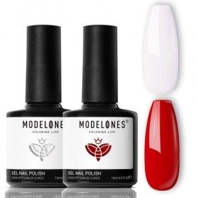 Modelones Vernis à Ongles Gel Set Rouge et Blanc Vernis Semi Permanent Longue durée 2x15ml UV/LED Nail Art Manucure Pédicure 