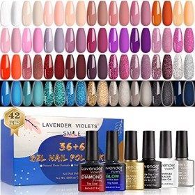 Lavender Violets Ensemble de vernis à ongles en gel de 42 pièces avec couche de finition brillante et mate et diamant et bril