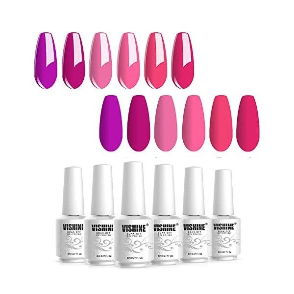 Vishine Lot de 6 Vernis à Ongles Gel Semi Permanent, Couleur Fushia Rose Violet Pourpre Soak Off UV LED Gel Nail Polish Nail 