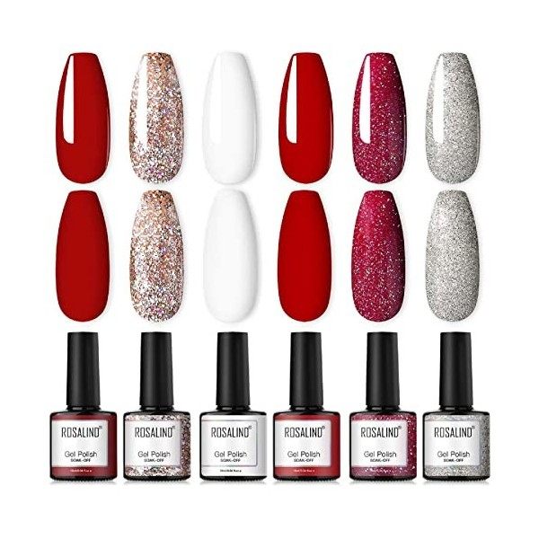 ROSALIND Lot Vernis Semi Permanent Rouge Vernis à Ongles 6 Couleur Paillette Gel Pour Les Ongles en Gel UV Nail Art Gel Polis