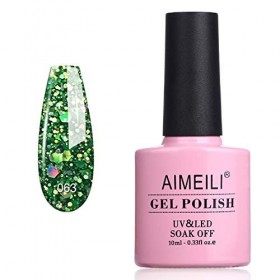 AIMEILI Soak Off UV LED Vernis à Ongles Gel Semi-Permanent Paillettes Vertes - Diamond Glitter Fire Green 063 10ml