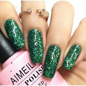 AIMEILI Soak Off UV LED Vernis à Ongles Gel Semi-Permanent Paillettes Vertes - Diamond Glitter Fire Green 063 10ml