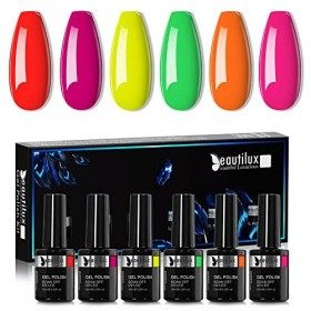 Beautilux Vernis Semi Permanent Fluo, Vernis à ongles imbibé Gel Lot de Vernis à Ongles Gels 6 Couleurs 10ml Sèche sous UV S