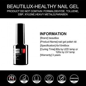 Beautilux Vernis Semi Permanent Fluo, Vernis à ongles imbibé Gel Lot de Vernis à Ongles Gels 6 Couleurs 10ml Sèche sous UV S