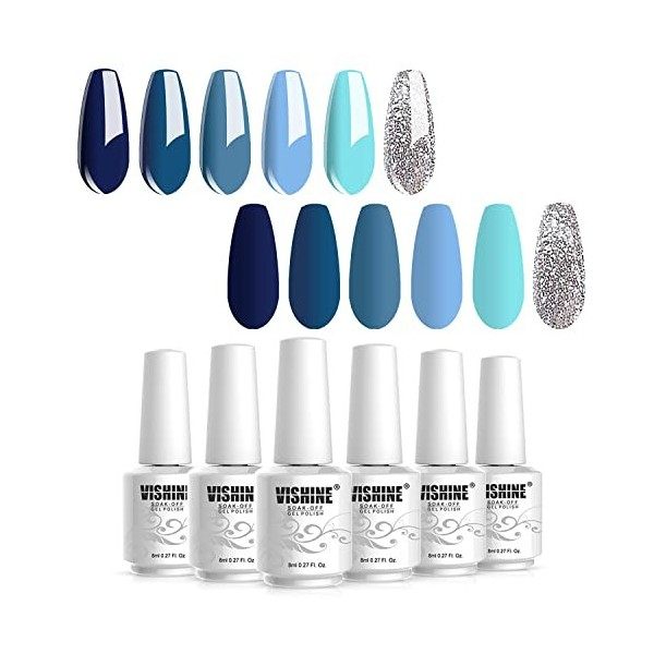 Vishine Vernis Semi Permanent - Vernis à Ongles Nail Gel UV LED Soak off Manucure Kit 6×8ml, Lot de Couleur Bleu Paillettes