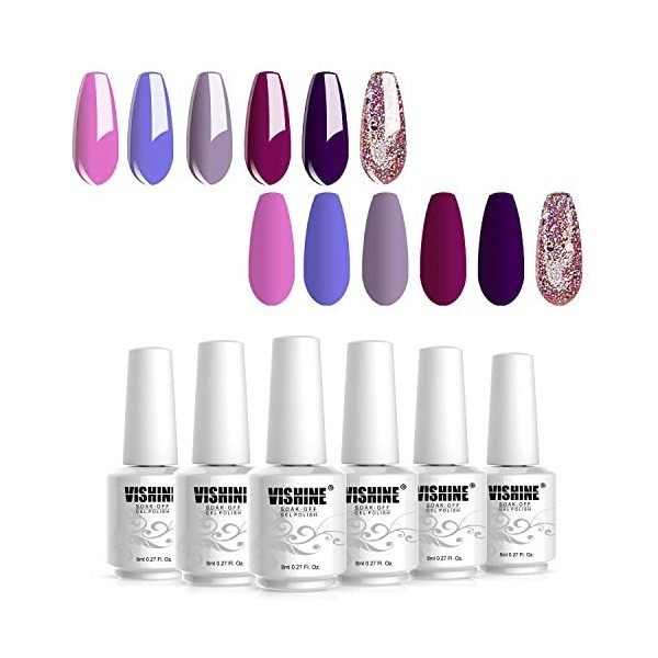 Vishine Vernis Semi Permanent - Vernis à Ongles Nail Gel UV LED Soak off Manucure Kit 6×8ml, Lot de Couleur Bleu Paillettes