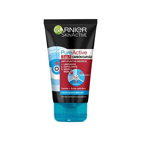 Garnier SkinActive - Nettoyant 3 en 1 Charbon Anti-Points Noirs Incrustés PureActive- 150 ml Gommage / Exfoliants