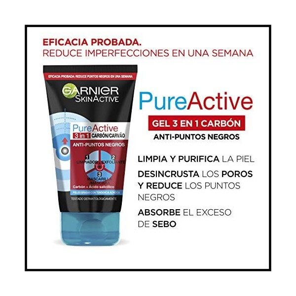 Garnier SkinActive - Nettoyant 3 en 1 Charbon Anti-Points Noirs Incrustés PureActive- 150 ml Gommage / Exfoliants