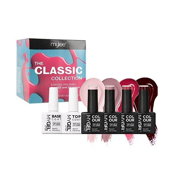 Mylee Vernis à ongles gel Classic Collection 4 x 10 ml Couleurs et top coat et base coat UV/LED Soak-Off Nail Art Manucure Pé