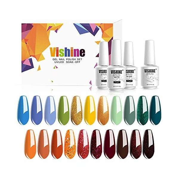 Vishine Lot de 24 Vernis à Ongles Semi permanent Vernis Gels UV LED Soak Off Rouge Blanc Black Classsique Collection Kit Mani