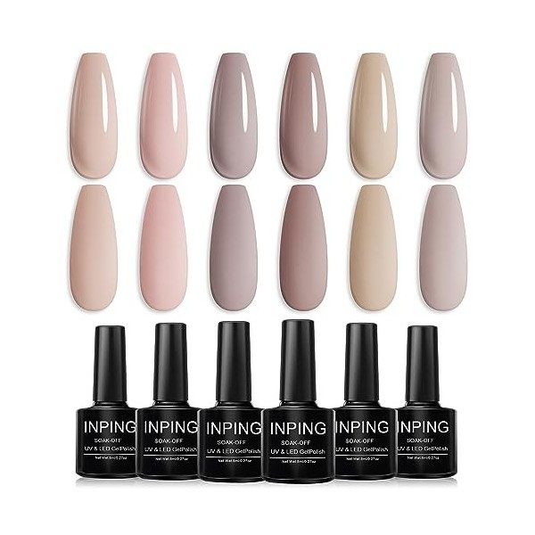 INPING Vernis Semi Permanent Nudee - 6 Couleurs Série Light Naturel Nude UV Vernis à Ongles, Nature Lumière Brun Nu Naked Gri