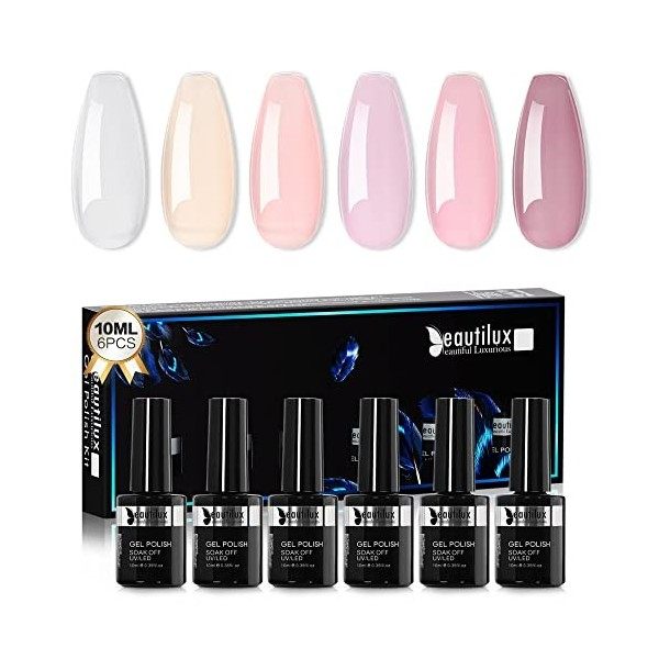 Beautilux Rubber Base Gel, Nude Rose Blanc Vernis Semi Permanent Gel, Rubber Base Coat 6 Nude Couleurs 10 ml Gel Ensembles po