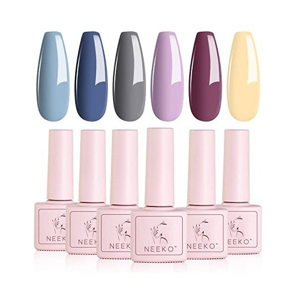 Neeko Vernis Semi Permanent Nude Mauve Bleu Gris 6 Couleurs Lot de Vernis à Ongles Gels Sèche sous UV/LED pour Nail Art Nail 