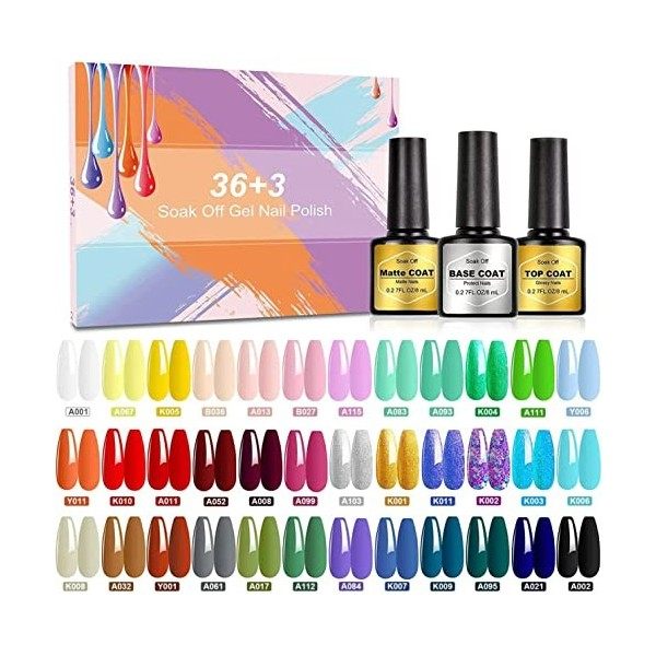 SHOWNAIL 39Pcs Vernis à Ongles Semi-Permanent Gel Vernis à Ongles 36 couleurs + Base Coat + TopCoat + Matt Top Coat , Lot Ve