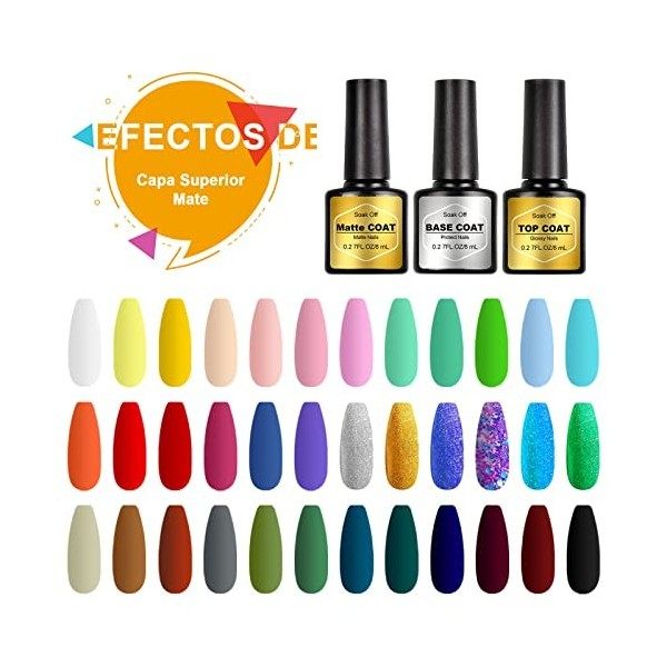 SHOWNAIL 39Pcs Vernis à Ongles Semi-Permanent Gel Vernis à Ongles 36 couleurs + Base Coat + TopCoat + Matt Top Coat , Lot Ve