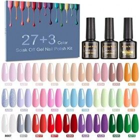 SHOWNAIL30 Pcs Vernis Semi-Permanent Gel 27 couleurs + Base Coat + Top Coat + Matt Top Coat , Lot UV LED Kit de Vernis à Ong