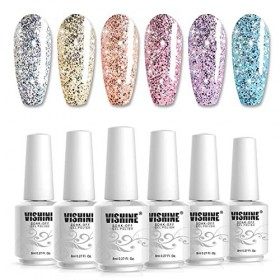 Vishine Lot 6 Couleurs Vernis Gel Semi Permanant UV Gel Ongles Jeu Tremper le Vernis Manucure Effet Diamant Paillettes 8ml